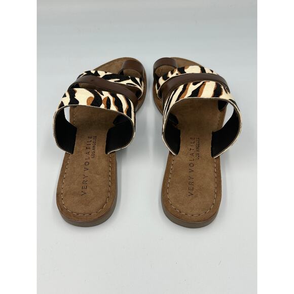 Real Leather Flats Animal Print Toe Loop Very Volatile Jenika Sandals Brown s 8 - Picture 8 of 14